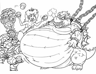 2_horns anthro armband basket belly belly_expansion belly_overhang big_belly blush blush_lines bodily_fluids bound bracelet breath captured chain chained chubby_cheeks clothed clothing collar container crown dominant dominant_female dominant_human duo_focus expansion fangs feederism feeding female food food_in_mouth footwear force_feeding forced fungus fupa group hair headgear high_heels holding_basket holding_container holding_food holding_object holding_plate horn huge_belly jewelry larger_sub leotard lidded_eyes lips looking_at_self male male_focus moobs morbidly_obese morbidly_obese_anthro morbidly_obese_male mushroom navel obese obese_anthro obese_male open_mouth open_smile overweight overweight_anthro overweight_male plate ringed_eyes role_reversal scales secretly_loves_it servant shell shoes simple_background size_difference smile spiked_armband spiked_bracelet spiked_collar spiked_shell spikes spikes_(anatomy) standing stuffing submissive submissive_anthro submissive_male super_mushroom sweat sweatdrop tail teeth thick_thighs ventral_scales weight_gain white_background keij mario_bros nintendo bowser princess_peach dragon_koopa human humanoid mammal toad_(mario) 2016 black_and_white digital_media_(artwork) hi_res monochrome