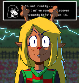 anthro blonde_hair blurred_background checkered checkered_clothing clothing electricity female garden hair lightning looking_at_viewer pattern_clothing red_nose solo topwear vest hitsuji deltarune undertale_(series) noelle_holiday susie_(deltarune) deer mammal new_world_deer scalie hi_res