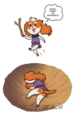 anthro butt chibi clothing dialogue dot_eyes floppy_ears fur hair humor lying lying_on_ground male multicolored_body multicolored_fur on_ground on_side open_mouth open_smile orange_body orange_fur shirt simple_eyes smile solo speech_bubble stick text topwear tunic two_tone_body two_tone_fur white_body white_fur white_hair freckles_(artist) tunic_(video_game) yamcha_death_pose pecas_(freckles) bird_dog canid canine canis domestic_dog hunting_dog mammal spaniel welsh_springer_spaniel 2022 comic english_text