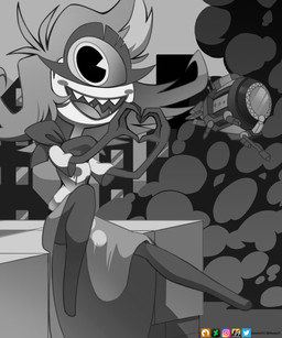 1_eye aircraft airship blush blush_stickers city city_background eyelashes female gesture hair heart_gesture looking_at_viewer not_furry open_mouth open_smile outside pie_cut_eyes sharp_teeth short_hair sitting sitting_on_ledge smile smoke solo teeth vehicle barryfactory hazbin_hotel hellaverse niffty_(hazbin_hotel) cyclops demon humanoid 2020 5:6 absurd_res greyscale hi_res monochrome