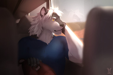 backpack clothed clothing leaning_on_object male relaxed_expression relaxing shirt solo t-shirt topwear train vehicle window_seat tintiai 12_(twelve) felid lion mammal pantherine hi_res