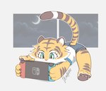 3_toes 4_fingers anthro barefoot black_pawpads black_stripes blue_eyes bottomwear claws clothed clothing cloud countershade_feet countershading crescent_moon dipstick_tail eyelashes facial_markings feet female finger_claws fingers flexible fur furgonomics grey_background head_markings hindpaw holding_nintendo_switch lying markings moon night on_front orange_body orange_fur pancake_position pawpads paws pink_nose shirt shorts simple_background sitting sky soles solo star starry_sky stretching striped_body striped_fur striped_markings striped_tail stripes t-shirt tail tail_clothing tail_markings toes topwear white_background white_body white_clothing white_fur white_shirt white_soles white_t-shirt white_topwear drawligator nintendo nintendo_switch aura_(drawligator) felid mammal pantherine tiger 2023 hi_res signature
