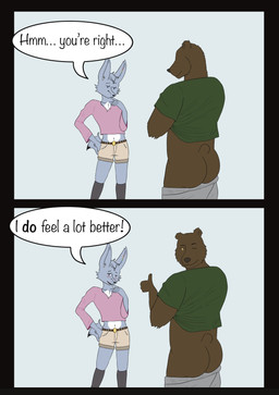 anthro blue_body blue_fur bottomwear brown_body brown_fur butt casual_exposure clothed clothed_anthro clothed_male clothing dialogue ear_piercing ear_ring femboy flashing flashing_penis fur gesture green_clothing green_shirt green_topwear grey_bottomwear grey_clothing hand_gesture humor male male/male male_anthro piercing pink_clothing pink_shirt pink_topwear ring_piercing shirt shorts simple_background text thumbs_up toony topwear foxtrash maxie_(foxtrash) mike_the_bear bear canid canine fennec_fox fox mammal true_fox 2025 absurd_res comic digital_media_(artwork) english_text hi_res