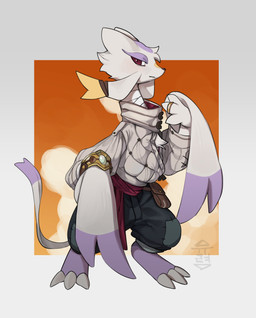 ambiguous_gender anthro black_nose bottomwear claws clothed clothed_anthro clothing dipstick_tail fur jacket markings pants purple_body purple_fur purple_tail_tip red_eyes ring_(jewelry) solo tail tail_markings toe_claws topwear whiskers white_body white_ears white_fur white_tail yellow_body yellow_fur yuureii nintendo pokemon generation_5_pokemon mienshao pokemon_(species) 2026 absurd_res hi_res