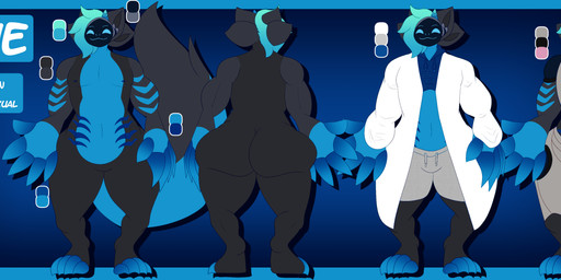 4_ears 4_toes 5_fingers anthro armor big_butt blue_markings bottomwear butt claws clothed clothing coat crop_top feet fingers grey_body hair horn huge_butt lab_coat machine male markings multi_ear nude nude_anthro protogen_armor shirt shorts smile solo standing tail text toe_claws toes topwear sokoyo_owo armorless_protogen mammal protogen absurd_res hi_res model_sheet