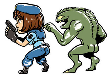 5_fingers anthro arms_bent bangs belt belt_pouch bent_legs beret black_belt black_boots black_clothing black_footwear black_gloves black_handwear blue_bottomwear blue_clothing blue_hat blue_headwear blue_pants blue_shirt blue_topwear boots bottomwear breasts brown_hair butt claws clothed clothed_female clothed_human clothing duo female female_human finger_claws fingers footwear fully_clothed fully_clothed_female fully_clothed_human furrowed_eyebrows gloves green_body green_scales gun hair handgun handwear hat headgear headwear holding_gun holding_handgun holding_object holding_pistol holding_ranged_weapon holding_weapon light male male_anthro medium_hair mouth_closed nude_anthro nude_male open_mouth open_smile pants pistol poking ranged_weapon scales sharp_teeth shirt shoes shoulder_pads simple_background smile smiling_at_another tan_body tan_skin teeth toe_claws topwear weapon white_background yellow_claws yellow_sclera jmanvelez capcom jill_sandwich_(comic) resident_evil jill_valentine human hunter_(resident_evil) mammal reptile scalie 2013 colored digital_drawing_(artwork) digital_media_(artwork) english_description lighting low_res shaded