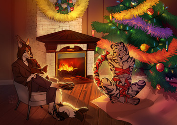 accessory anthro arms_tied bdsm big_breasts black_hair bondage bound bow_(feature) bow_accessory bow_in_front bow_ribbon breast_squish breasts christmas_decorations christmas_lights christmas_tree clothed clothing duo eyes_closed feet female fireplace fur furgonomics gift_wrapped hair holidays horn long_hair male male/female plant ribbon_bondage ribbons sitting smile squish submissive submissive_female tail tail_accessory tail_bow tail_ribbon thick_thighs tree wide_hips wrist_bow furchern christmas the_crown_of_leaves felid mammal pantherine sahash tiger absurd_res hi_res