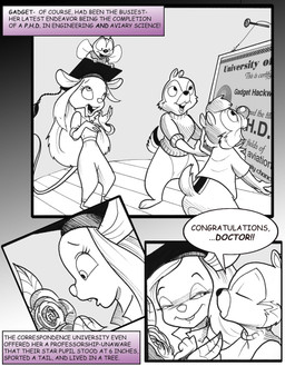 4_fingers anthro bite biting_lip blush buckteeth clothing diploma doctor duo female fingers hair jumpsuit kissing long_hair looking_at_another male sweater teeth text topwear turtleneck chris_fischer chip_'n_dale_rescue_rangers disney chip_(disney) dale_(disney) gadget_hackwrench zipper_(cdrr) arthropod chipmunk fly_(animal) ground_squirrel insect mammal mouse murid murine rodent sciurid rose_(disambiguation) english_text hi_res