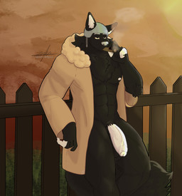 abs anthro armor ball_tuft balls barazoku big_muscles big_penis black_body black_fur bottomless cigarette cigarette_in_mouth clothed clothing coat detailed_background drugs ears_through_headwear eyebrows fence fingers fluffy fluffy_chest fluffy_tail foreskin fur genitals headgear helmet inner_ear_fluff male marijuana marijuana_blunt muscular nails nipples object_in_mouth pecs penis solo stoned substance_intoxication tail thick_thighs topwear topwear_only trenchcoat tuft vein veiny_penis white_eyebrows white_nipples white_penis wood wood_fence zephrado rimworld amon_(zephrado) bird_dog calupoh canid canine canis demon domestic_dog golden_retriever hunting_dog hybrid mammal retriever absurd_res digital_media_(artwork) hi_res shaded watermark