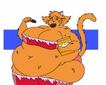 anthro anthrofied belly big_belly big_breasts blue_eyes breasts clothed clothing female food fur hair looking_at_viewer obese obese_anthro obese_female orange_body orange_fur overweight overweight_anthro overweight_female pastry simple_background solo thick_thighs torn_clothing wide_hips mizz-britt totally_spies! clover_(totally_spies!) domestic_cat felid feline felis mammal 2018 digital_media_(artwork)