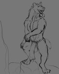 anthro biped bottomwear bulge claws clothing detailed_bulge genital_outline loincloth looking_aside male male_anthro muscular open_mouth open_smile penis_outline smile solo standing teeth tongue tongue_out fuzzytubething gnoll hyena mammal hi_res