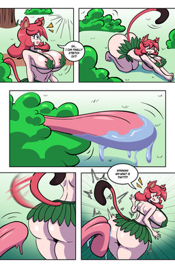 ambiguous_gender areola big_butt biped bodily_fluids breasts butt butt_lick clothed clothing dialogue drooling female female/ambiguous grass_skirt hair licking long_tongue plant red_hair saliva shrub tongue aladeen animal_humanoid cat_humanoid felid felid_humanoid feline feline_humanoid humanoid mammal mammal_humanoid comic hi_res