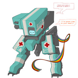 ambiguous_gender armless biped blue_body cable dialogue machine red_cross screen screen_face solo text xenopera robot 1:1 english_text hi_res
