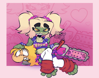 4_fingers 4_toes anthro bent_legs big_nose black_eyebrows black_eyeliner black_eyes blonde_hair bottomwear chainsaw cheerleader_outfit clothed clothed_anthro clothed_male clothing cosplay crop_top crossover_cosplay duo eye_through_hair eyebrow_through_hair eyebrows eyeliner feet fingers fully_clothed fully_clothed_anthro fully_clothed_male green_body green_skin hair hand_on_head heart_symbol larger_anthro larger_male leg_warmers legwear light long_hair makeup male male_anthro midriff multicolored_body multicolored_skin pigtails pink_background pink_hair_tie power_tool purple_bottomwear purple_clothing purple_crop_top purple_shirt purple_skirt purple_topwear purple_wristband red_clothing red_leg_warmers red_legwear shirt simple_background sitting size_difference skirt smaller_male smug_grin tan_body tan_skin teeth thick_eyebrows thigh_highs toes tools toothy_grin topwear translucent translucent_hair two_tone_body two_tone_skin white_clothing white_legwear white_thigh_highs wide_eyed yellow_eyes sillyhog assassin's_creed captain_laserhawk:_a_blood_dragon_remix lollipop_chainsaw rayman_(series) ubisoft bullfrog_(captain_laserhawk) juliet_starling nick_carlyle rayman amphibian frog raypeople_(rayman) 2025 colored crossover digital_drawing_(artwork) digital_media_(artwork) english_description hi_res lighting signature