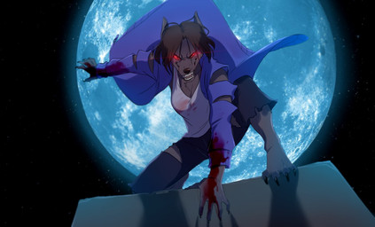 4_toes anthro barefoot biped blood bodily_fluids claws clothed clothing fangs feet female fur grey_body grey_fur looking_at_viewer open_mouth outside paws red_eyes smile solo spread_toes standing teeth toes tongue hihikori canid canine canis mammal wolf source_request unavailable_at_source