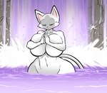 anthro big_breasts big_butt breasts butt calm convenient_censorship crossed_arms eyes_closed female huge_breasts huge_butt huge_hips meditation navel nude solo thick_thighs water waterfall wide_hips hayakain kitty_(hayakain) domestic_cat felid feline felis mammal nekokai