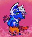 anthro biped black_nose blue_body blue_eyes bouquet chibi claws clothed clothing flower flower_bouquet hair male open_mouth plant shy simple_background solo standing toe_claws white_hair gufu_kandagawa super_sentai uchu_sentai_kyuranger garu_(kyuranger) canid canine canis mammal wolf 2020 full-length_portrait portrait signature