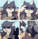 anthro beach bra breasts clothing crossgender dialogue duo eyewear female looking_at_breasts mtf_crossgender question_mark red_eyes sand sunglasses swimwear text underwear catkitte bonehand_(catkitte) ugly_cat_(catkitte) domestic_cat felid feline felis mammal 2024 comic english_text hi_res signature sibling_(lore)