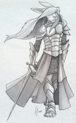 anthro armor claws clothed clothing front_view hair hair_over_eyes holding_melee_weapon holding_object holding_sword holding_weapon long_hair male male_anthro melee_weapon mouth_closed obscured_eyes simple_background solo standing sword teeth toe_claws weapon hufnaar lagomorph leporid mammal rabbit full-length_portrait hi_res monochrome portrait