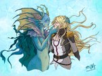 abstract_background anthro antlers belt biped blonde_hair blue_background blue_body blue_eyes clothing duo female fin hair hand_on_another's_head head_fin holding_another's_head horn imminent_kiss long_hair military_uniform multiple_belts no_pupils scales shell shoulder_pads simple_background split_form touching_hair twirling_hair uniform ayseneinart hasbro magic:_the_gathering wizards_of_the_coast thalia_guardian_of_thraben human mammal marine merfolk hi_res signature