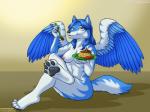 anthro blue_body blue_fur blue_hair breasts cake candle cutlery dessert eating feathered_wings feathers female food fork fruit fur hair kitchen_utensils nipples nude paws plant plate solo strawberry tools white_body white_fur wings vkyrie tala_(suntattoowolf) canid canine canis mammal wolf 2016