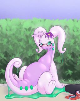 after_transformation antennae_(anatomy) anthro blush eyewear eyewear_only feet female flower_on_head glasses glasses_only green_eyes long_neck looking_aside nude pokeball sitting soles solo standard_pokeball tail thick_tail toes wearing_glasses wide_crotch daf nintendo pokemon generation_6_pokemon goodra pokemon_(species) 2017 digital_media_(artwork) hi_res