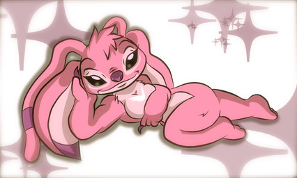 alternate_form antennae_(anatomy) bedroom_eyes big_ears black_eyes breast_markings breasts claws eyelashes female fur half-closed_eyes happy head_tuft leg_tuft looking_at_viewer markings narrowed_eyes naughty_face pink_body pink_fur pose purple_claws purple_nose seductive semi-anthro simple_background smile solo tuft xxxwingxxx disney draw_me_like_one_of_your_french_girls lilo_and_stitch angel_(lilo_and_stitch) alien experiment_(lilo_and_stitch) 2011 aliasing digital_media_(artwork) meme pinup