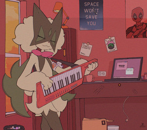 ambiguous_gender anthro beverage_can box choice_band claws computer container cup electronics eyes_closed flat_chested fur gesture green_body green_fur green_hair hair heart_gesture holding_musical_instrument holding_object keyboard_instrument keytar lamp laptop musical_instrument playing_music poster solo tail trash_can razgrizdl marvel nintendo pokemon deadpool rose_(razgrizdl) felid feline generation_9_pokemon mammal meowscarada pokemon_(species) 2025 hi_res female_(lore)