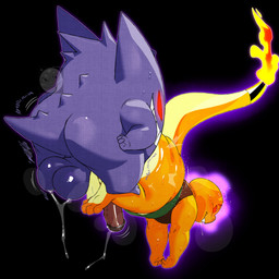 anal anal_penetration anthro anthro_on_anthro anthro_penetrated anthro_penetrating anthro_penetrating_anthro backsack balls big_balls black_background bodily_fluids bottomless bottomless_anthro bottomless_male butt clothed clothing duo fire flaming_tail genital_fluids genitals glowing glowing_eyes male male/male male_penetrated male_penetrating male_penetrating_male mind_control motion_lines orange_body penetration penis precum purple_body raised_tail red_eyes sex shirt simple_background smile snaggle_tooth sweat tail tank_top toothy_grin topwear had0u nintendo pokemon hadou_(satsui-n0-had0u) charmander generation_1_pokemon gengar pokemon_(species) 2025 hi_res