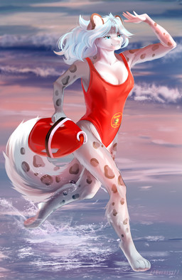 anthro beach breasts clothing female fluffy nipples sea solo swimwear water everest_grant baywatch felid mammal pantherine snow_leopard absurd_res hi_res