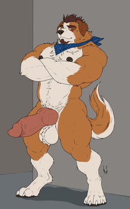 4_toes anthro balls big_balls brown_body brown_eyes brown_fur brown_hair claws feet fur genitals hair huge_balls knot knotted_penis male multicolored_body multicolored_fur muscular muscular_anthro muscular_arms muscular_male muscular_thighs nipple_piercing nipples nude penis piercing scarf simple_background solo toes vein veiny_knot veiny_penis hunterramirez canid canine canis domestic_dog mammal molosser mountain_dog saint_bernard 5:8 absurd_res hi_res