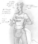 anthro big_bulge blackfox85 bottomwear bulge canid canine clothing dialogue english_text fox gin_(blackfox85) hi_res huge_bulge male mammal meme monochrome pants rental_daddy shirt sketch solo text text_on_clothing text_on_shirt text_on_topwear topwear traditional_media_(artwork)