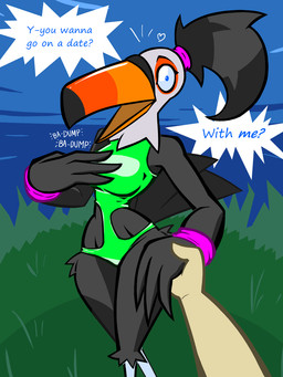 ambiguous_gender anthro beak big_breasts black_body black_feathers black_hair blue_eyes breasts clothing dialogue disembodied_hand duo feathers female grey_body grey_feathers hair hand_holding looking_at_viewer non-mammal_breasts one-piece_swimsuit pov_hands shocked solo_focus speech_bubble swimwear tail tail_feathers text wide_hips aygee bernadette_(aygee) avian bird toucan 2026 3:4 english_text