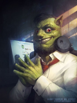 5_fingers accessory beard black_beard black_eyebrows black_facial_hair black_hair black_lips chair clenched_teeth clothed clothing computer detailed_background electronics eye_scar eyebrows facial_hair facial_scar fingers furniture green_body green_skin hair headphones humanoid_hands humanoid_nose inner_ear_fluff inside lips looking_at_viewer male microphone monitor necktie not_furry office_chair red_eyes red_necktie scar screencap shirt smile solo teeth text topwear tuft white_clothing white_shirt white_topwear kypcaht prankota vkontakte evgeniy_volnov humanoid ogre artist_name detailed digital_media_(artwork) hi_res source_request