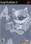 breasts eye_patch eyewear game_cover gun handgun parody ranged_weapon simple_background solo weapon websheck in_heat_(game) ari_(in_heat) canid canine canis mammal wolf hi_res