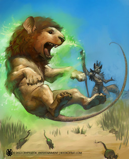 ambiguous_gender anthro brown_body brown_fur brown_mane day feral fur grass group holding_object holding_staff magic mane open_mouth outside plant size_difference species_transformation staff tail transformation tealfuleyes hex:_shards_of_fate canid felid lion mammal mouse murid murine pantherine rodent 2013 digital_media_(artwork) official_art