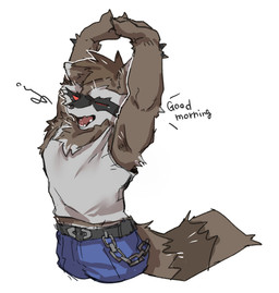 anthro bottomwear brown_body brown_fur chain clothing fur male open_mouth pants shirt solo stretching tank_top topwear yawn sisijimakarashi guardians_of_the_galaxy marvel marvel_rivals rocket_raccoon mammal procyonid raccoon hi_res