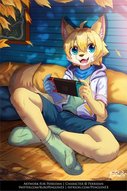 anthro bangs blonde_hair blue_bottomwear blue_clothing blue_eyes blue_kerchief blue_neckerchief blue_pants blue_topwear bottomwear cheek_tuft clothed clothing curling_toes facial_tuft fangs feet footwear fur glistening glistening_eyes gloves_(marking) green_clothing green_footwear green_socks green_topwear hair hair_between_eyes happy holding_nintendo_switch kerchief leaf leaning leaning_backward looking_at_viewer male markings neckerchief neckwear open_mouth open_smile pants red_tongue sitting smile socks solo spread_toes teeth text three-quarter_view toes tongue topwear tuft white_body white_fur yellow_body yellow_fur young penguinexperience nintendo nintendo_switch canid mammal english_text full-length_portrait hi_res portrait signature url