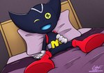 bed bed_sheet bedding bedroom black_body blue_tongue clothing furniture green_eyes male open_mouth open_smile smile tongue codyf0xx sega sonic_the_hedgehog_(series) sonic_x bokkun