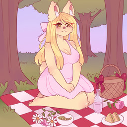 3_toes 4_fingers anthro arm_tuft bangs barefoot basket bent_legs big_breasts biped blonde_eyebrows blonde_hair blue_sky blush blush_lines bottle bowl breasts checkered_blanket cheek_tuft clear_sky cleavage closed_smile clothed clothed_anthro clothed_female clothing container dress elbow_tuft eye_through_hair eyebrow_through_hair eyebrows eyelashes eyelashes_through_hair facial_tuft feet female female_anthro fingers flower fluffy fluffy_tail food forest fruit fur grape grass green_eyes hair hands_on_leg hands_on_own_leg heart_symbol inner_ear_fluff knee_tuft leg_tuft long_ears long_hair looking_at_viewer mouth_closed outside picnic picnic_basket pink_bow pink_clothing pink_dress pink_flower pink_inner_ear pink_nose plant red_bow rose_(flower) sandwich_(food) scut_tail short_tail sitting sitting_on_blanket sky smile smiling_at_viewer solo tail tan_body tan_fur tan_tail text thick_thighs toes translucent translucent_hair tree tuft two_tone_tail white_flower white_inner_ear_fluff suzeart coco_(suzeart) lagomorph leporid mammal rabbit 1:1 2025 artist_name colored digital_drawing_(artwork) digital_media_(artwork) english_description full-length_portrait hi_res portrait shaded