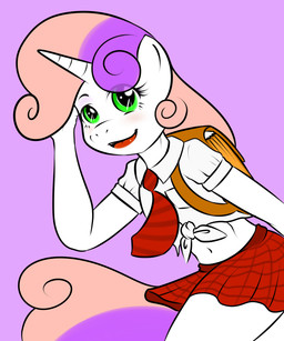 anthro anthrofied backpack clothing female horn school_uniform simple_background solo student tail toony uniform kloudmutt friendship_is_magic hasbro my_little_pony mythology sweetie_belle_(mlp) equid equine mammal mythological_creature mythological_equine unicorn 5:6 digital_media_(artwork) hi_res