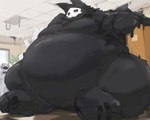 ambiguous_gender anthro belly big_belly black_body blush group immobile latex obese overweight room_filling size_difference trio taka_fin9623 changed_(video_game) dr._k_(changed) puro_(changed) hi_res