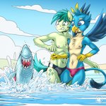 alternate_form ambiguous_gender anthro anthrofied beach blue_body blue_eyes blue_fur bulge chest_tuft clothing fur male navel sea seaside swimwear talon_hands tuft turquoise_hair water wings mysticalpha friendship_is_magic hasbro my_little_pony mythology gallus_(mlp) ocellus_(mlp) sandbar_(mlp) avian earth_pony equid equine fish gryphon horse mammal marine mythological_avian mythological_creature pony shark 1:1 2023 absurd_res hi_res female_(lore)