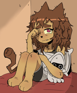 anthro bed blooper_plushie bottomwear brown_hair cat_tail clothing curled_up cute_fangs dolphin_shorts fangs feline_ears female fur furniture hair holding_object holding_plushie looking_at_viewer messy_hair plushie purple_eyes rubbing_eye shirt shorts solo t-shirt tan_body tan_fur teeth tired topwear whiskers iluvrabbitz gameoverse glitch_productions kit_bodega domestic_cat felid feline felis mammal 2026 absurd_res hi_res
