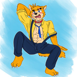 anthro blue_clothing blue_necktie blue_overalls blush clothing collar collared_shirt dress_shirt genital_outline male necktie nipples overalls scar shirt solo thirst_face topwear yellow_clothing yellow_shirt yellow_topwear kxx2007 kadel_(kxx2007) canid canine canis mammal wolf 1:1 hi_res