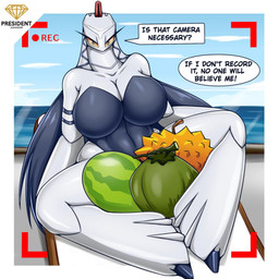 accessory anthro big_breasts blue_hair breasts clothed clothing durian female food fruit hair huge_breasts melon multicolored_body plant pokemorph solo text thick_thighs watermelon presialexander nintendo pokemon dayra_(president_alexander) duraludon generation_8_pokemon pokemon_(species) 1:1 english_text hi_res