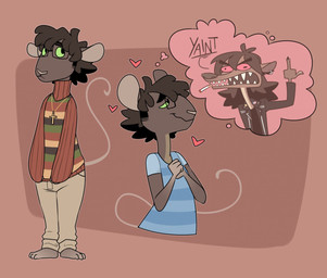 anthro brown_body brown_fur brown_hair cigarette clothing cross cross_necklace ear_piercing ear_ring eyewear fangs fur gesture glasses green_sclera hair half-closed_eyes hand_gesture heart_symbol jacket jewelry khaki_pants leather leather_clothing leather_jacket leather_topwear long_hair middle_finger narrowed_eyes necklace piercing red_sclera ring_piercing shirt simple_background smile smoking smoking_tobacco solo_focus sweater t-shirt tan_background teeth text thought_bubble topwear turtleneck wide_eyed cadaverrdog cornelius_(fleetwoodbrak) lux_(cadaverrdog) mammal murid murine mustelid musteline rodent true_musteline weasel wood_mouse 2017 english_text