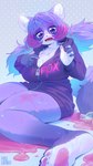 anthro bangs barefoot beverage big_breasts bottle breasts circle_eyebrows claws cleavage clothed clothing container countershade_feet countershading cute_fangs eyebrow_through_hair eyebrows fangs feet female fur hair highlights_(coloring) hoodie inner_ear_fluff kemono multicolored_body multicolored_fur open_mouth pawpads paws pink_highlights pink_pawpads plantigrade purple_body purple_eyes purple_fur purple_hair side_bangs sitting soles solo spilled_drink teeth toes topwear translucent translucent_hair tuft twintails_(hairstyle) white_body white_fur aruurara satori_(aruurara) canid canine mammal raccoon_dog tanuki 2023 hi_res