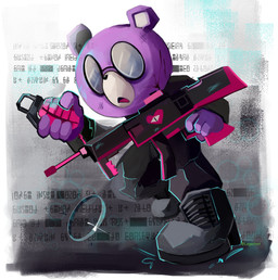 anthro biped black_nose clothed clothing explosives eyewear glasses grenade humanoid_hands purple_body scar solo weapon legochet unicorn_wars padre_(unicorn_wars) bear mammal 2023 absurd_res hi_res