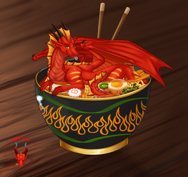 blep boiled_egg chopsticks fish_cake food forked_tongue frill_(anatomy) horn liquid looking_at_viewer noodles partially_submerged plant ramen scallion smile solo soup tongue tongue_out vegetable wings reddragon mythology dragon mythological_creature mythological_scalie scalie hi_res